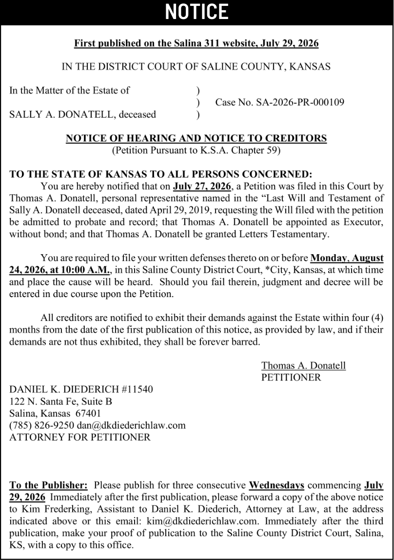 Public notice 924 Sally A Donatell published in Salina311 Newspaper August 12, 2026