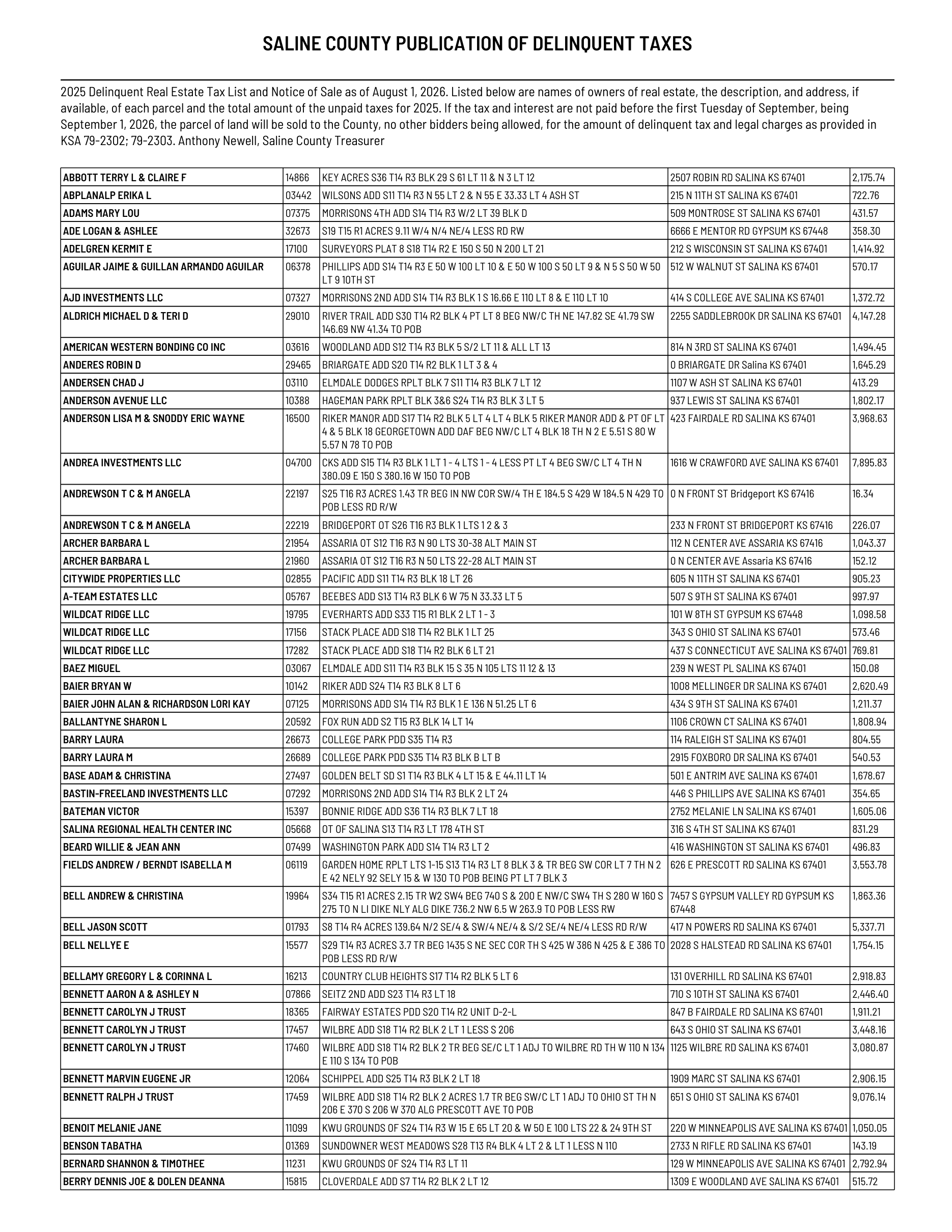 Public notice 928 Dlq RE 2025 Tax List published in Salina311 Newspaper August 16, 2026