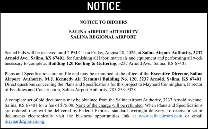 Public notice 935 Request for Bids published in the Salina311 Newspaper on August 19, 2026