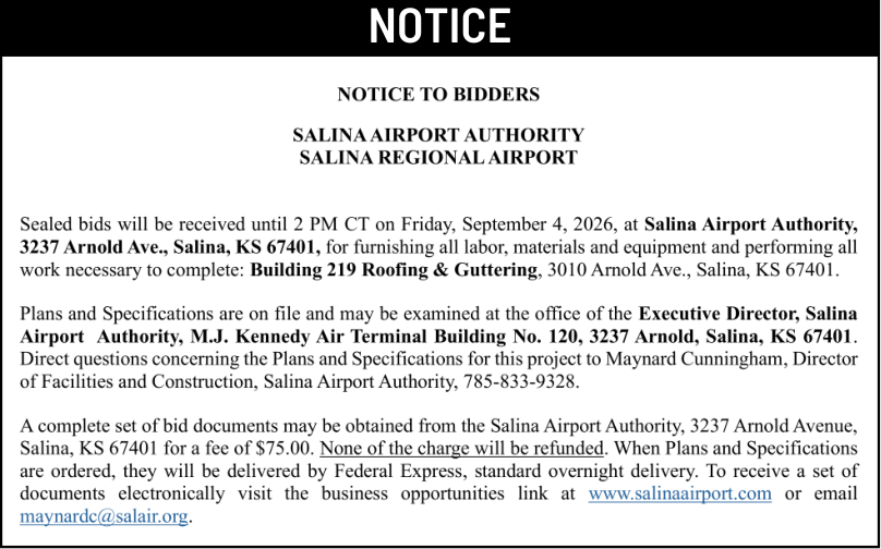 Public notice 937 Request for Bids published in the Salina311 Newspaper on August 19, 2026