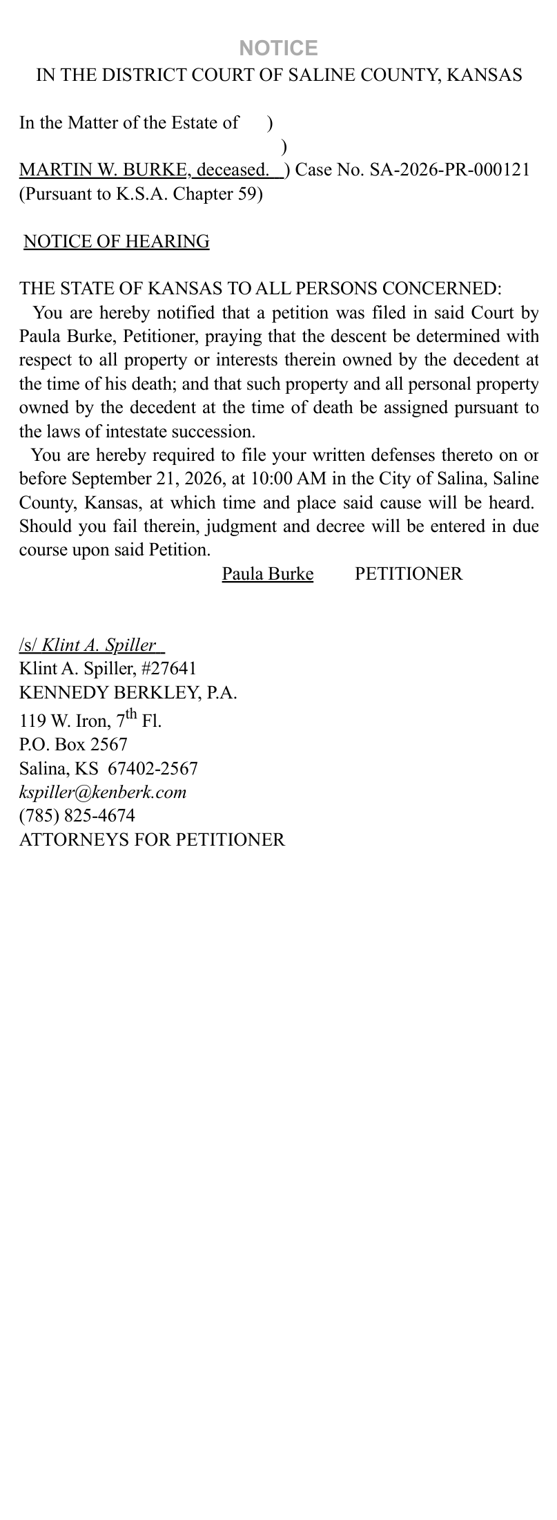 Public notice 939 Burke DOD published in the Salina311 Newspaper on August 23, 2026