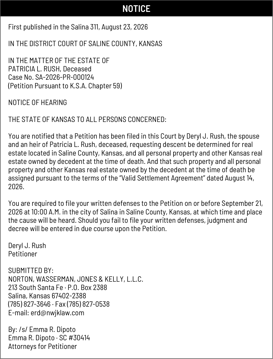 Public notice 941 Notice of Hearing published in the Salina311 Newspaper on August 23, 2026