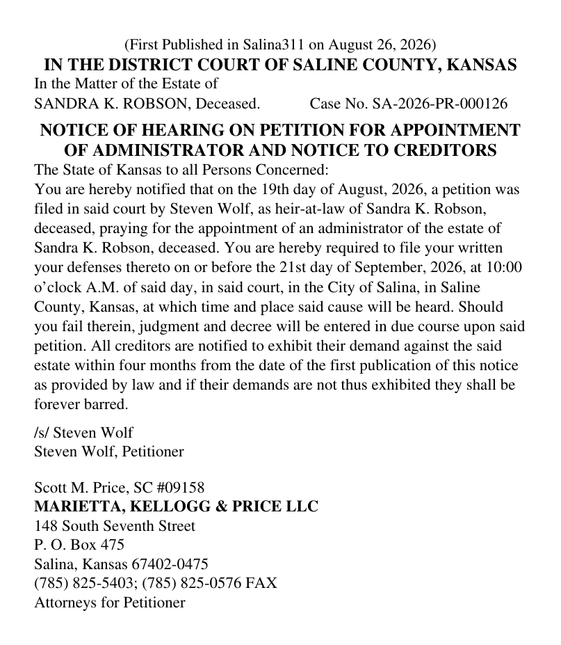 Public notice 945 Sandra K. Robson published in the Salina311 Newspaper on August 26, 2026