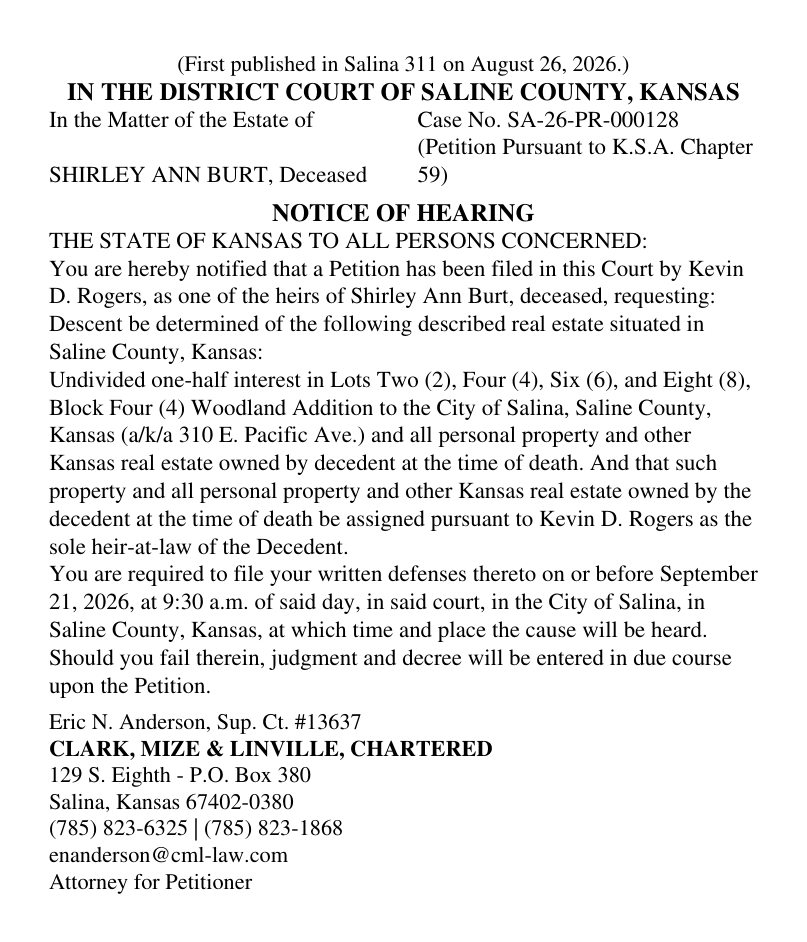 Public notice 946 Shirley Burt Notice published in the Salina311 Newspaper on August 26, 2026