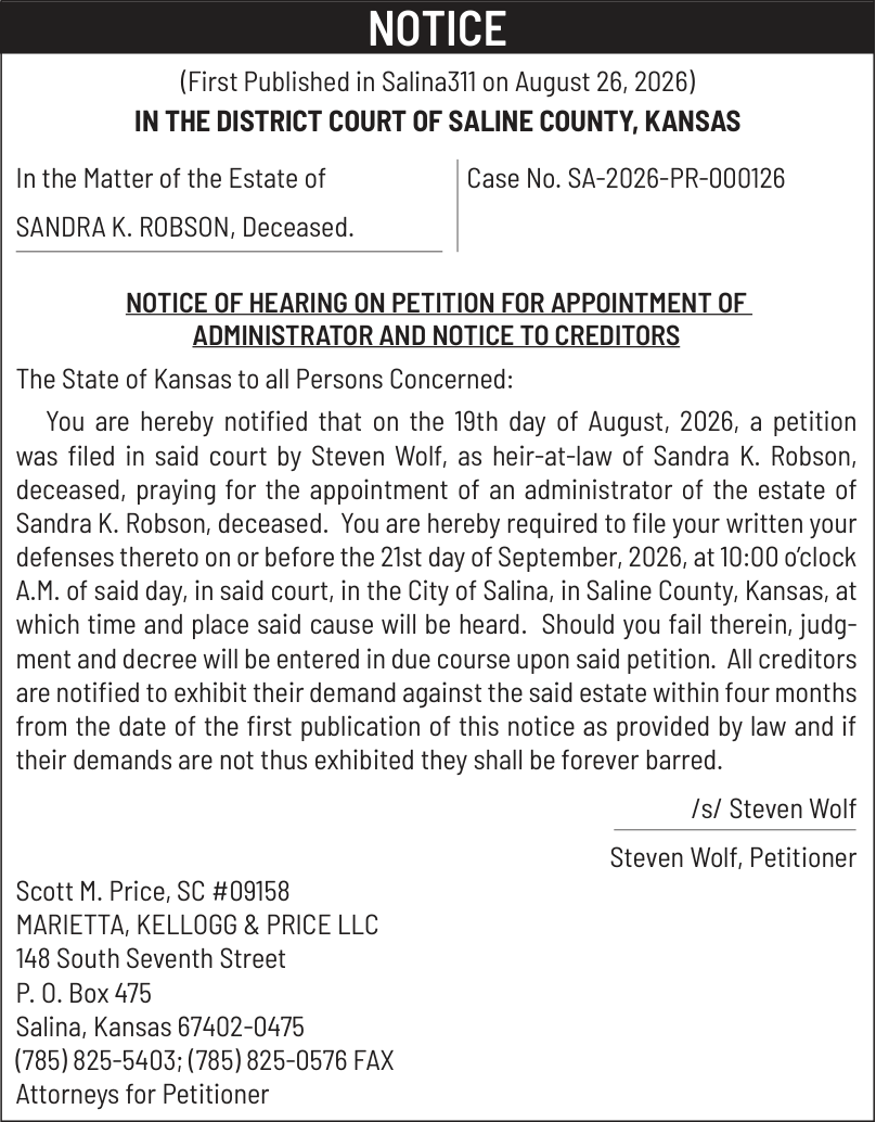 Public notice 945 Sandra K. Robson published in the Salina311 Newspaper on September 9, 2026