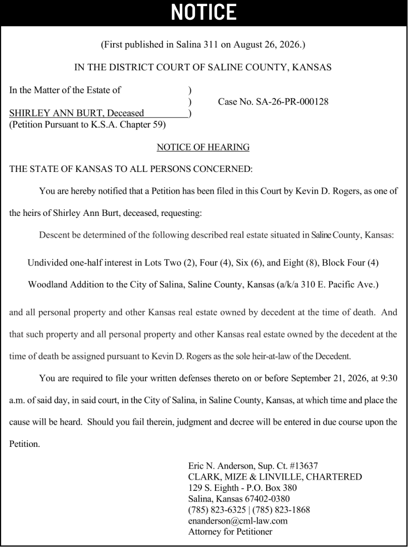 Public notice 946 Shirley Burt Notice published in the Salina311 Newspaper on September 9, 2026
