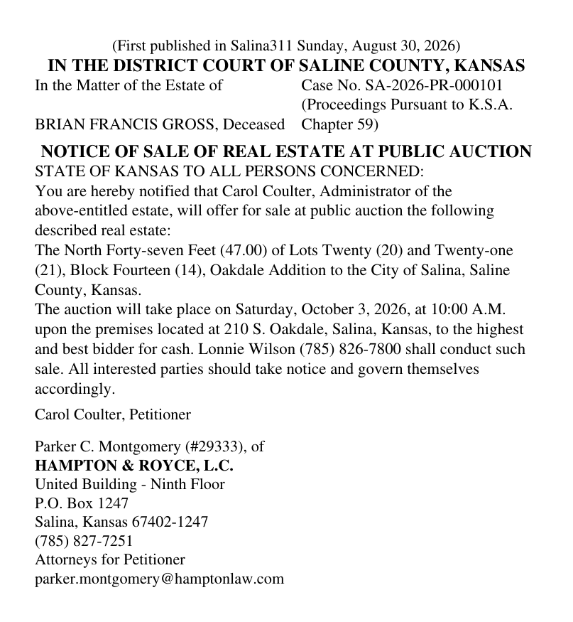 Public notice 948 Brian Gross Sale RE published in the Salina311 Newspaper on September 13, 2026