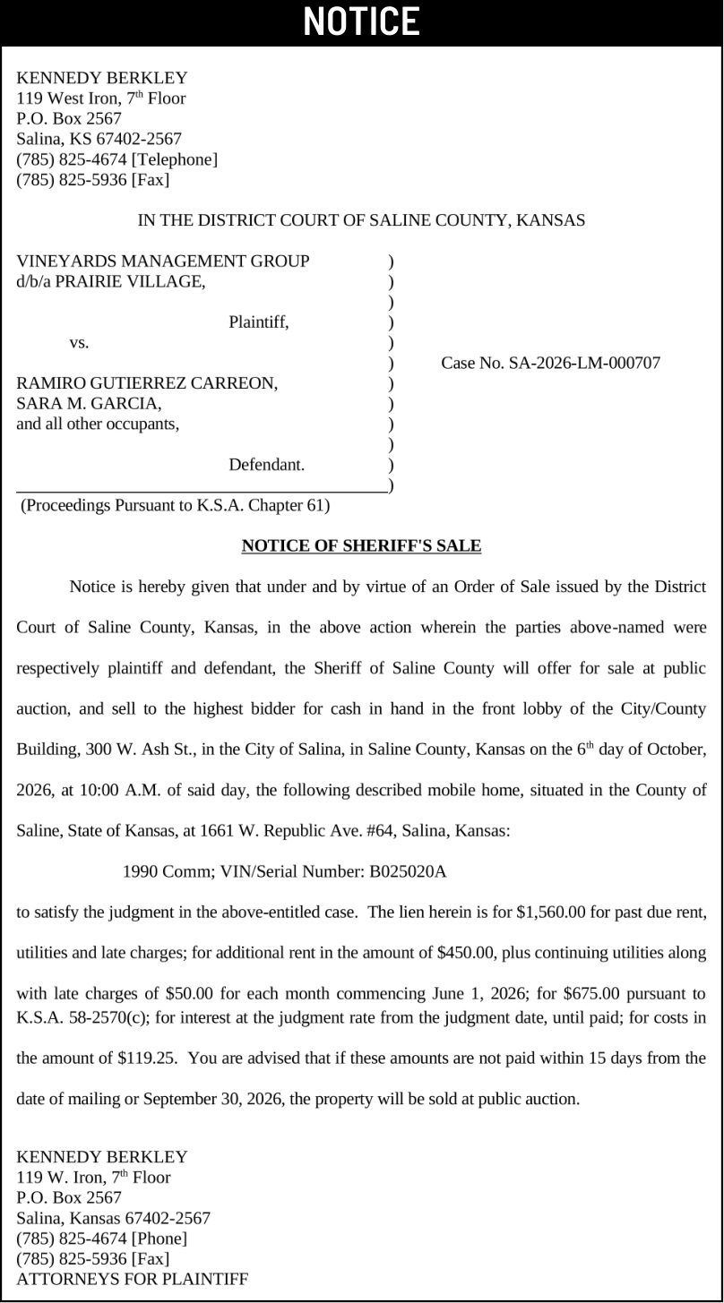 Public notice 955 Gutierrez Carreon published in the Salina311 Newspaper on September 20, 2026
