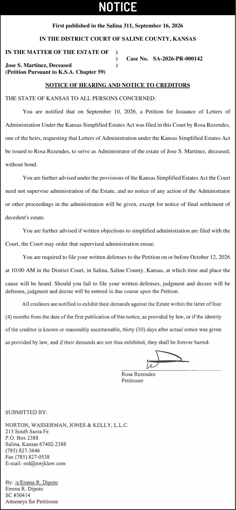 Public notice 957 Notice of Hearing published in the Salina311 Newspaper on September 16, 2026