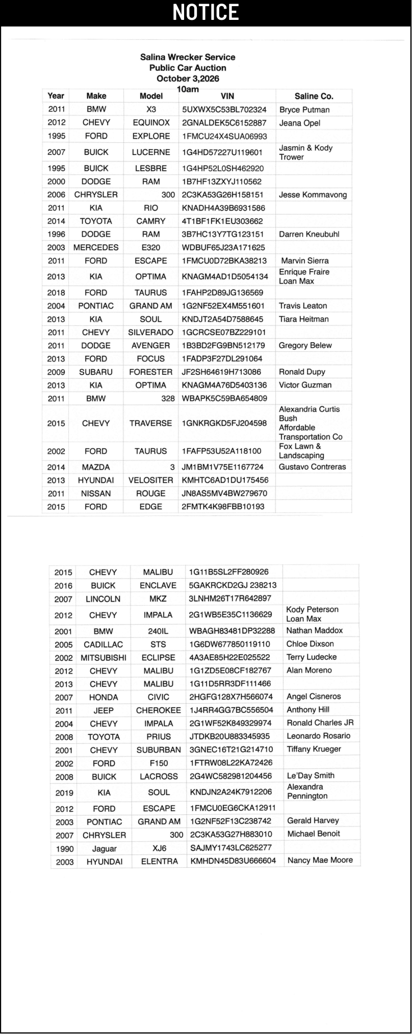 Public notice 950 Salina Wrecker Servi published in the Salina311 Newspaper on September 23, 2026