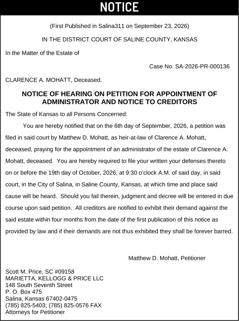 Public notice 956 Clarence A. Mohatt published in the Salina311 Newspaper on September 23, 2026