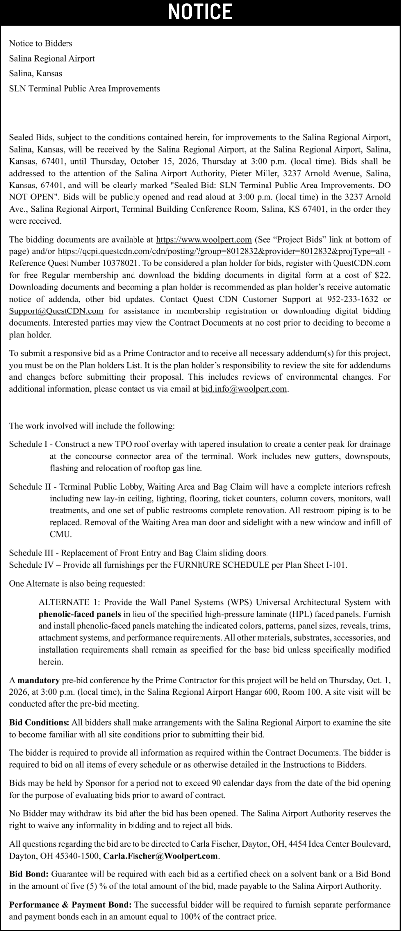 Public notice 961 SLN Terminal Public published in the Salina311 Newspaper on September 23, 2026