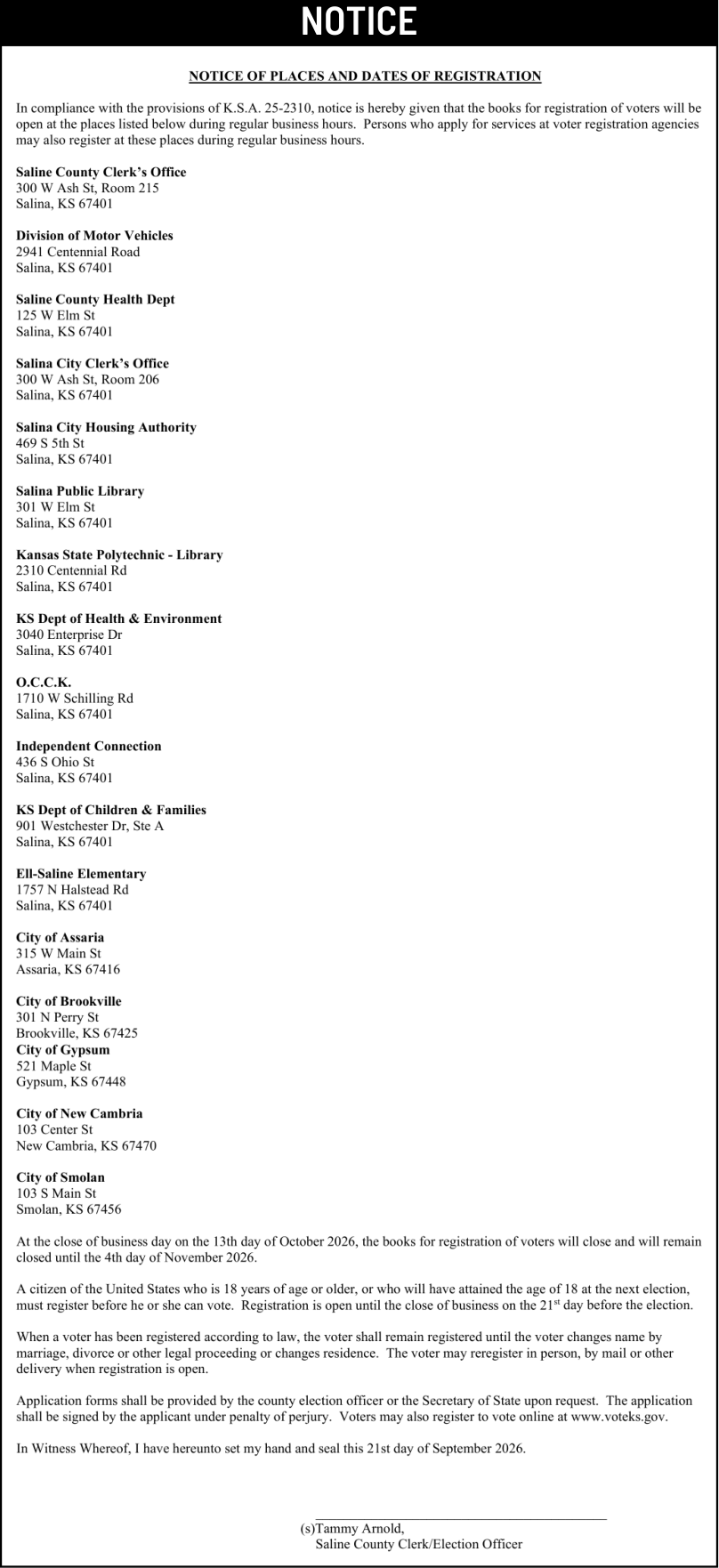 Public notice 962 Places and Reg Dates published in the Salina311 Newspaper on September 27, 2026