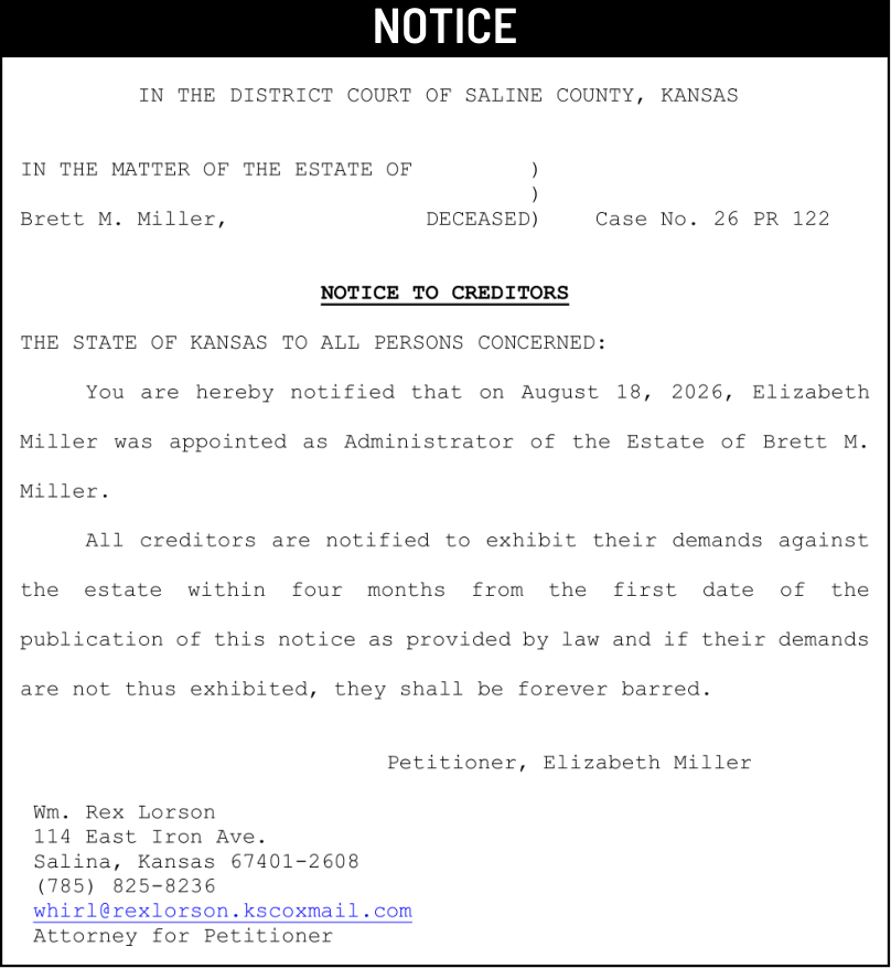 Public notice 963 Brett M. Miller published in the Salina311 Newspaper on September 30, 2026