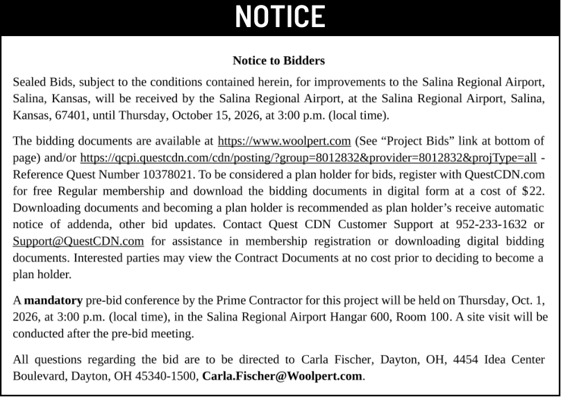 Public notice 965 20260924 RFB published in the Salina311 Newspaper on September 30, 2026