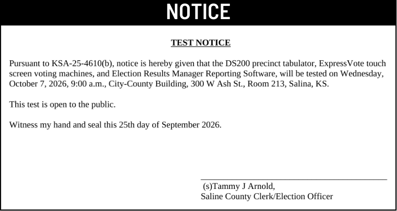 Public notice 967 Public Test Notice published in the Salina311 Newspaper on September 30, 2026