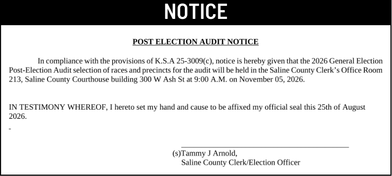 Public notice 968 Post Election Audit published in the Salina311 Newspaper on September 30, 2026