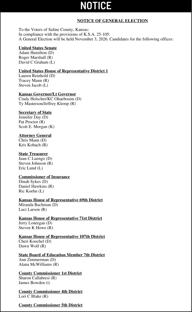 Public notice 969 Notice of Election published in the Salina311 Newspaper on September 30, 2026
