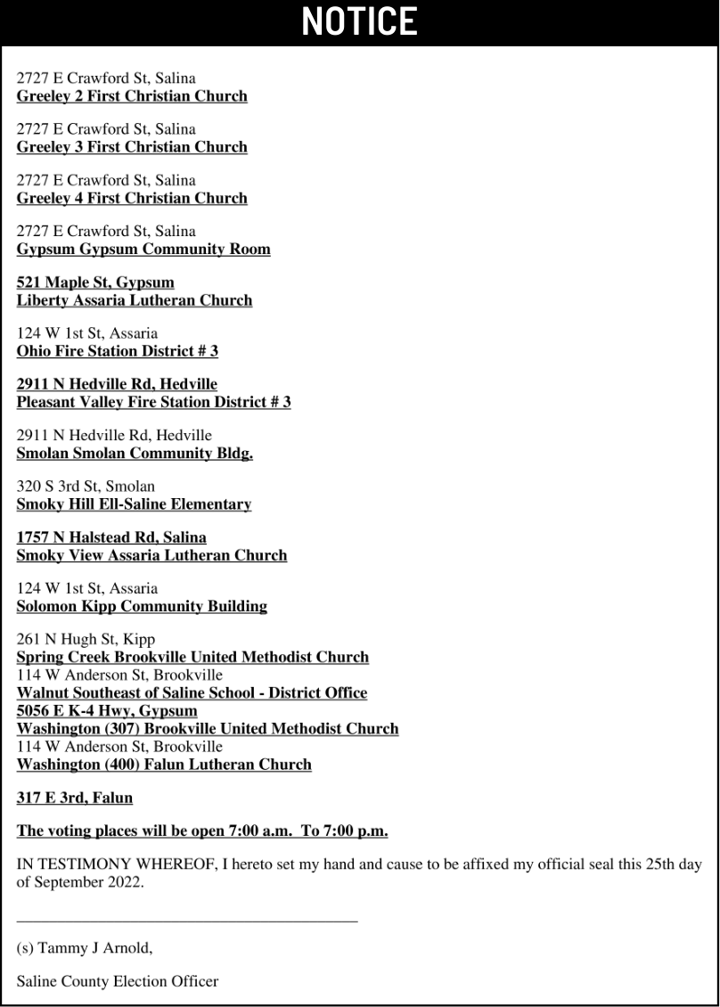 Public notice 969 Notice of Election published in the Salina311 Newspaper on September 30, 2026