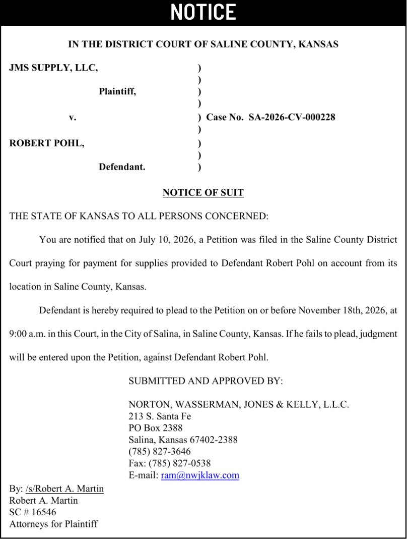 Public notice 971 Notice of Suit published in the Salina311 Newspaper on October 4, 2026