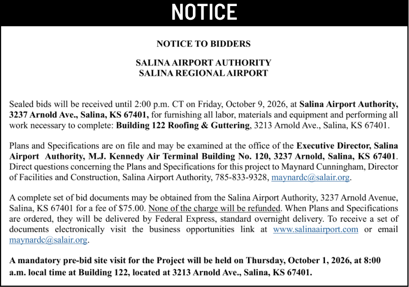 Public notice 973 Bldg. 122 Roofing published in the Salina311 Newspaper on September 30, 2026