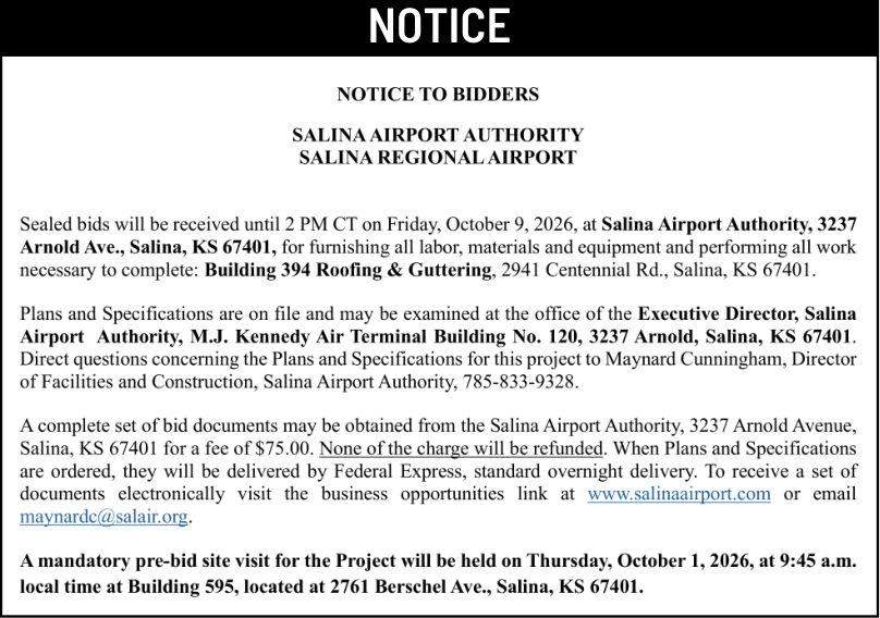 Public notice 974 Bldg. 394 Roofing published in the Salina311 Newspaper on September 30, 2026