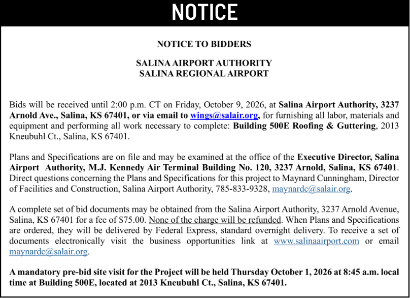 Public notice 975 Bldg. 500E Roofing published in the Salina311 Newspaper on September 30, 2026