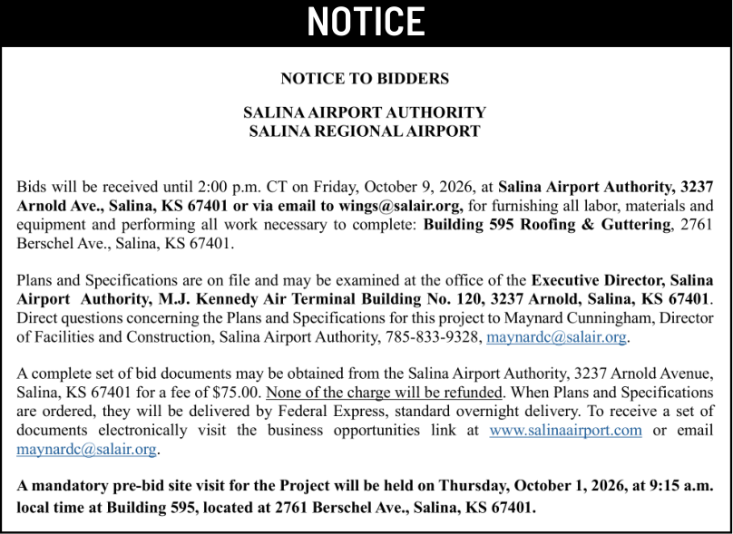 Public notice 976 Bldg. 595 Roofing published in the Salina311 Newspaper on September 30, 2026