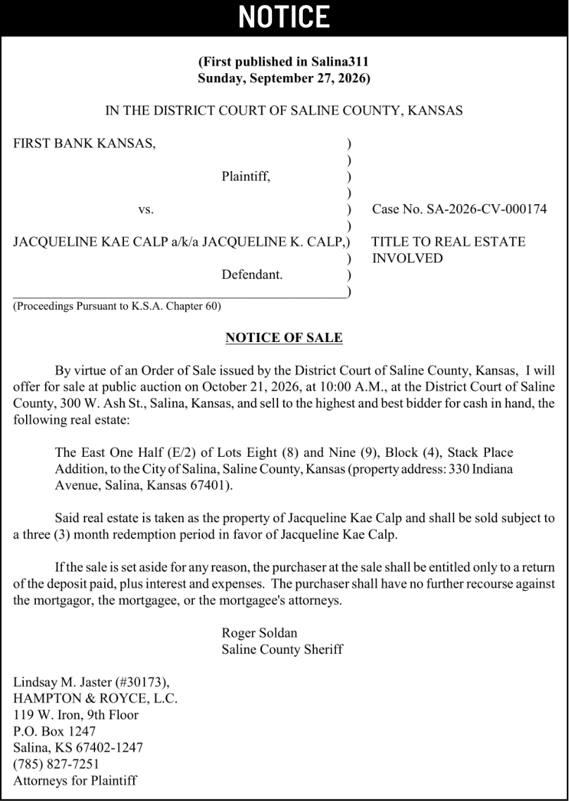 Public notice 964 FBk/Calp published in the Salina311 Newspaper on October 11, 2026