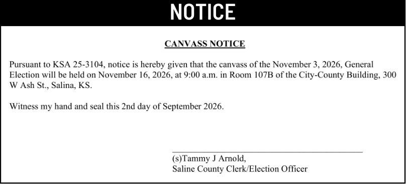 Public notice 979 Canvass Notice published in the Salina311 Newspaper on October 7, 2026