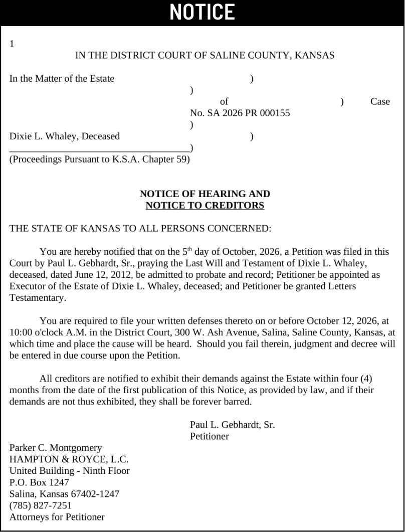 Public notice 980 Whaley published in the Salina311 Newspaper on October 7, 2026