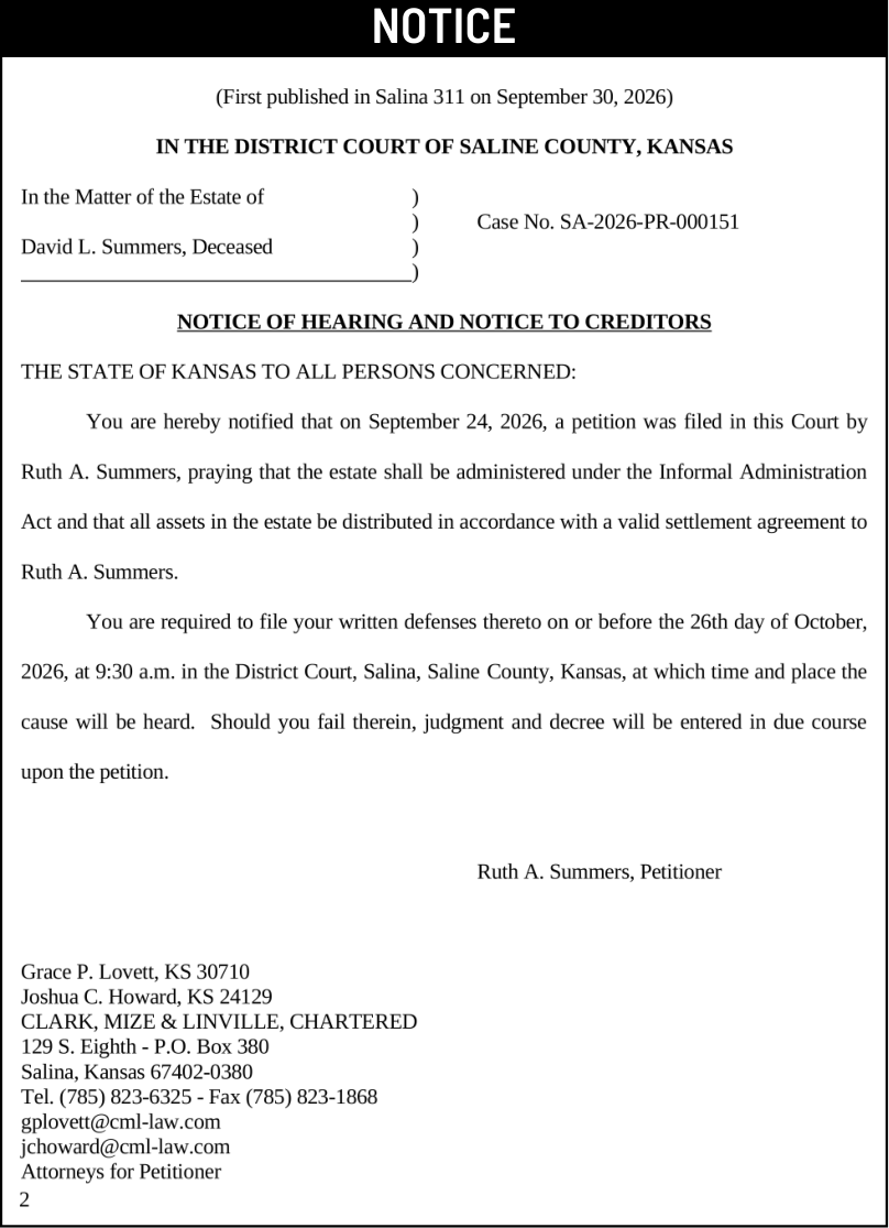 Public notice 970 Summers published in the Salina311 Newspaper on October 14, 2026