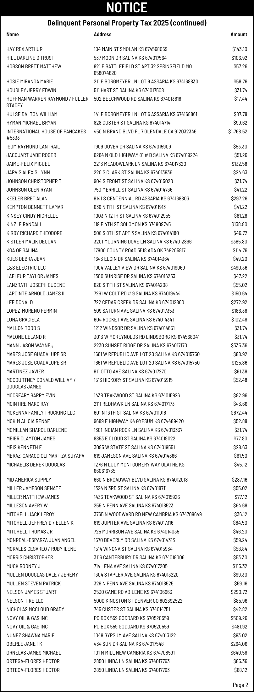 Public notice 978 Dlq PP 2025list published in the Salina311 Newspaper on October 14, 2026