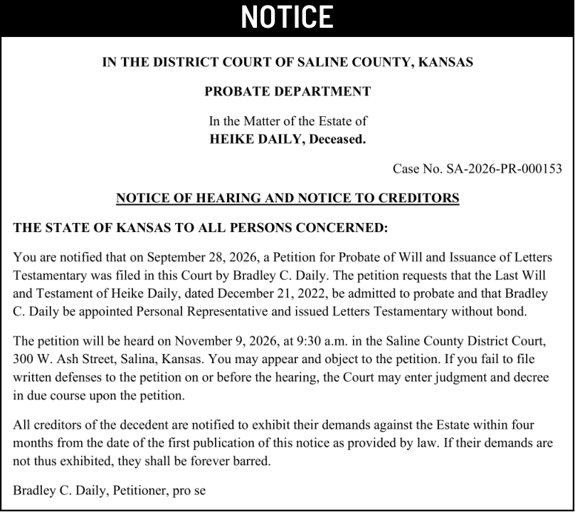 Public notice 983 heikedaily published in the Salina311 Newspaper on October 14, 2026