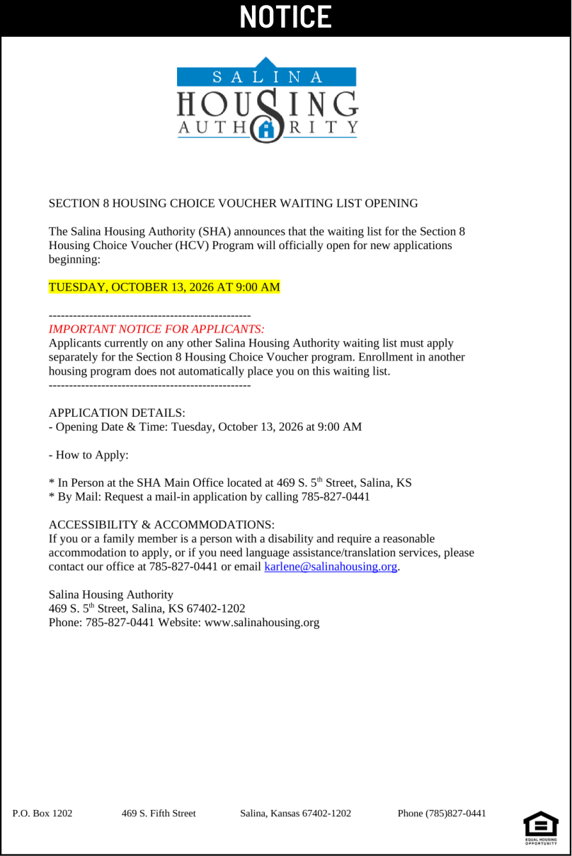 Public notice 984 SHA PBV WL published in the Salina311 Newspaper on October 14, 2026