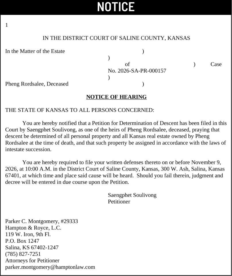 Public notice 989 Rordsalee published in the Salina311 Newspaper on October 14, 2026