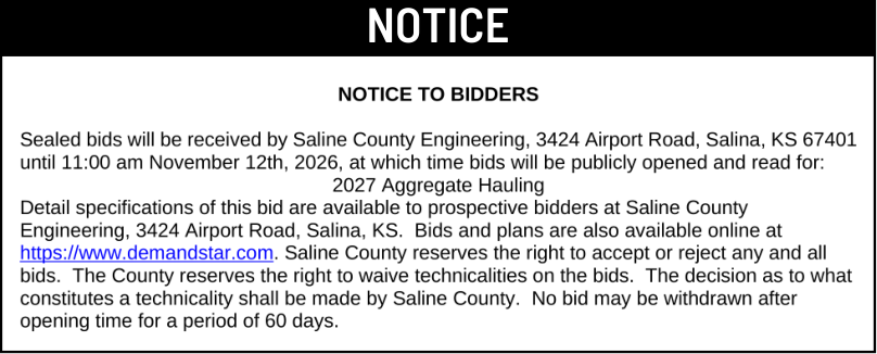 Public notice 991 2027 Aggregate Haul published in the Salina311 Newspaper on October 18, 2026