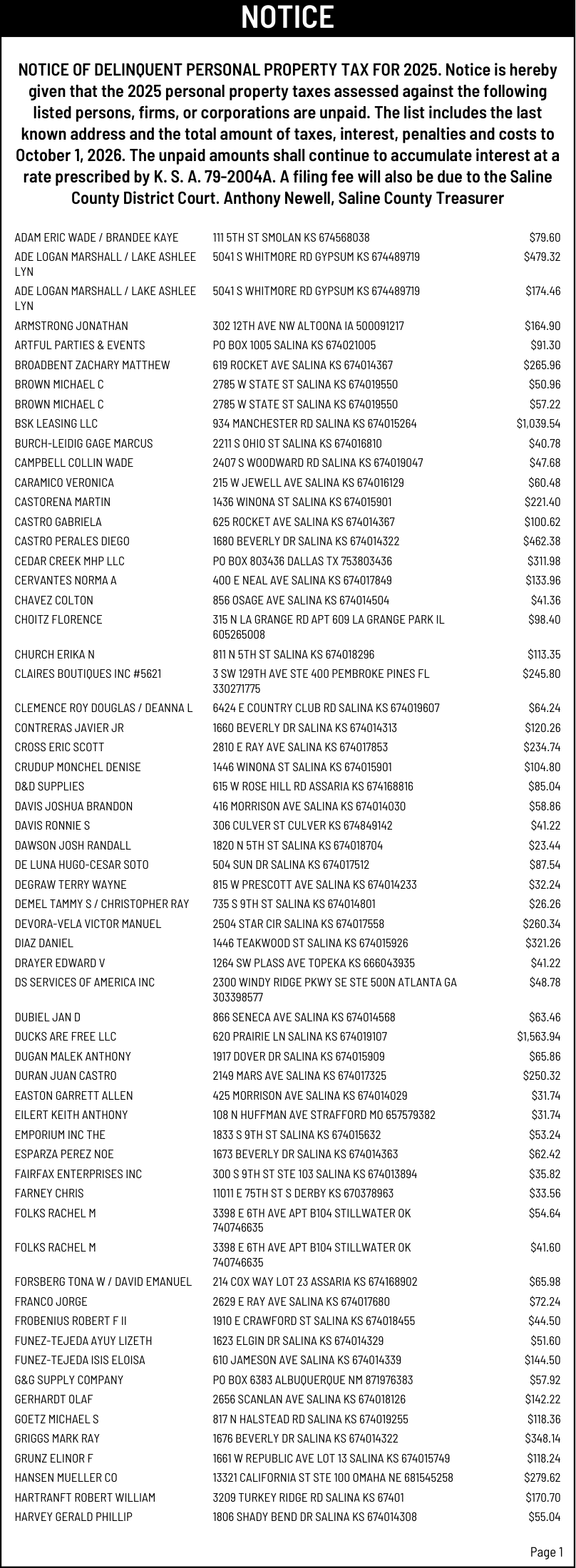 Public notice 978 Dlq PP 2025list published in the Salina311 Newspaper on October 21, 2026