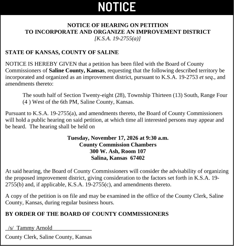 Public notice 992 Sundowner published in the Salina311 Newspaper on October 21, 2026