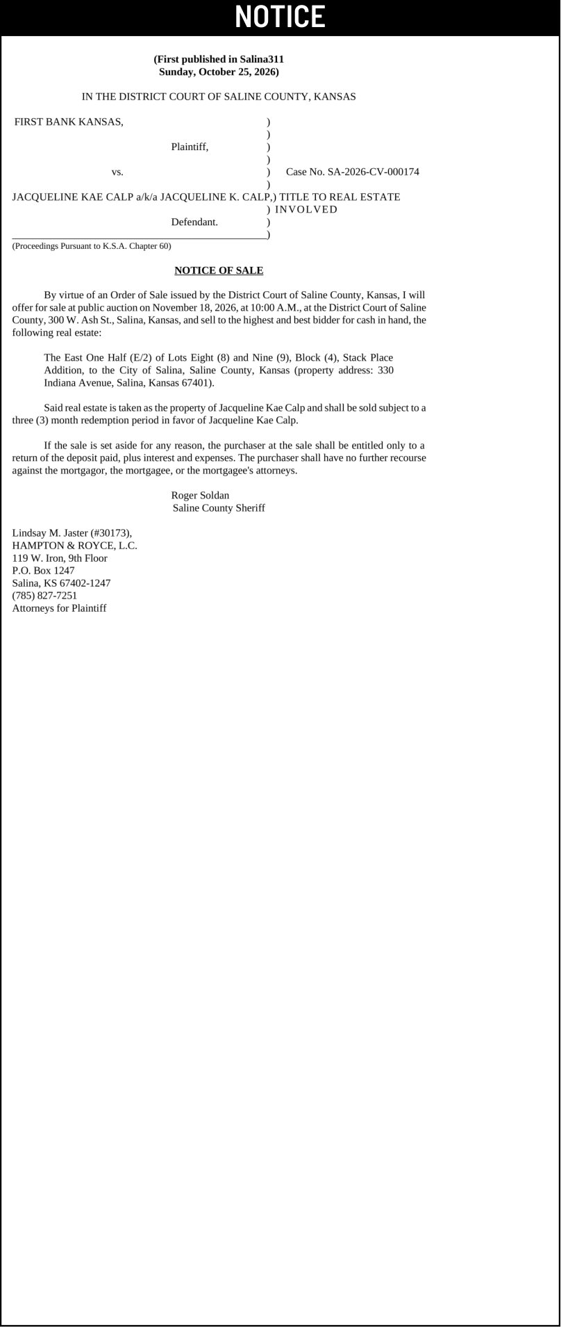Public notice 993 FBk/Calp 2nd published in the Salina311 Newspaper on October 25, 2026