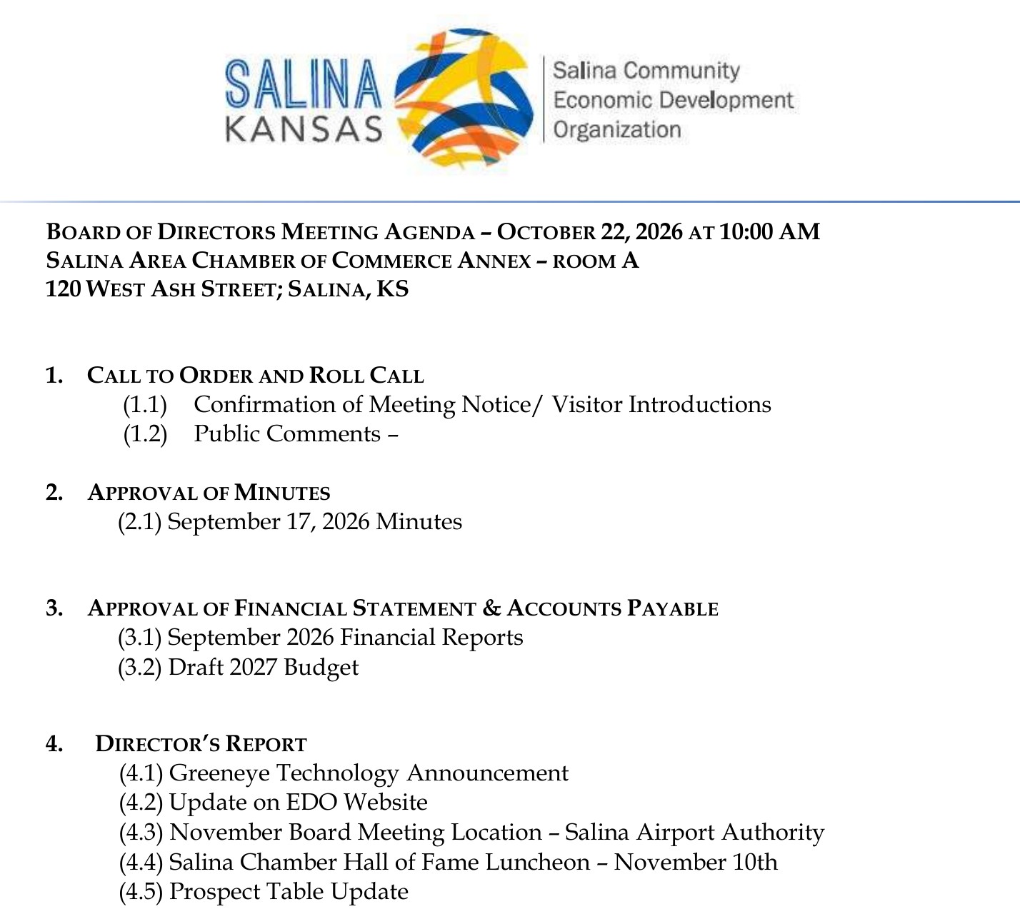 Salina EDO board to review draft 2027 budget at Thursday meeting
