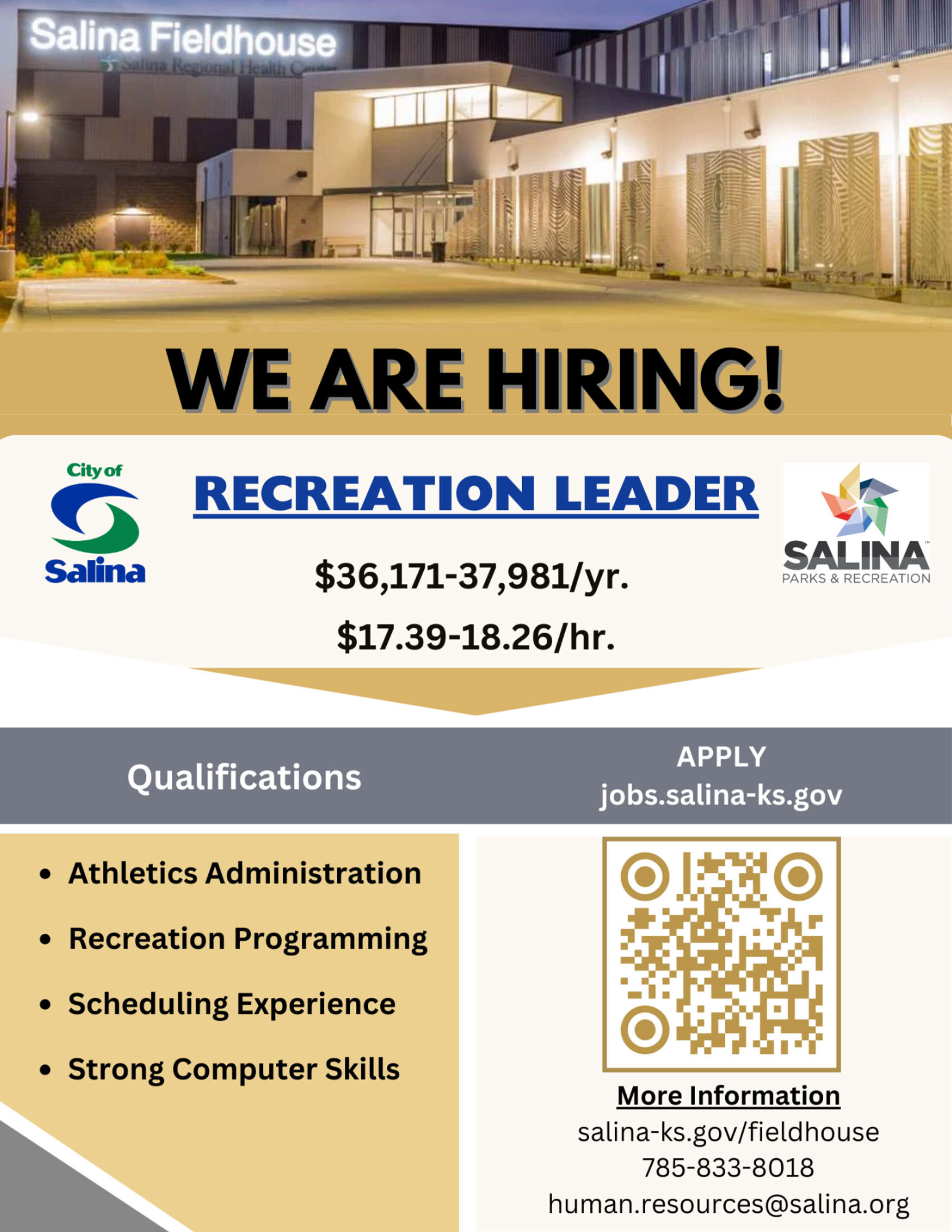 Salina Fieldhouse Hiring Recreation Leader