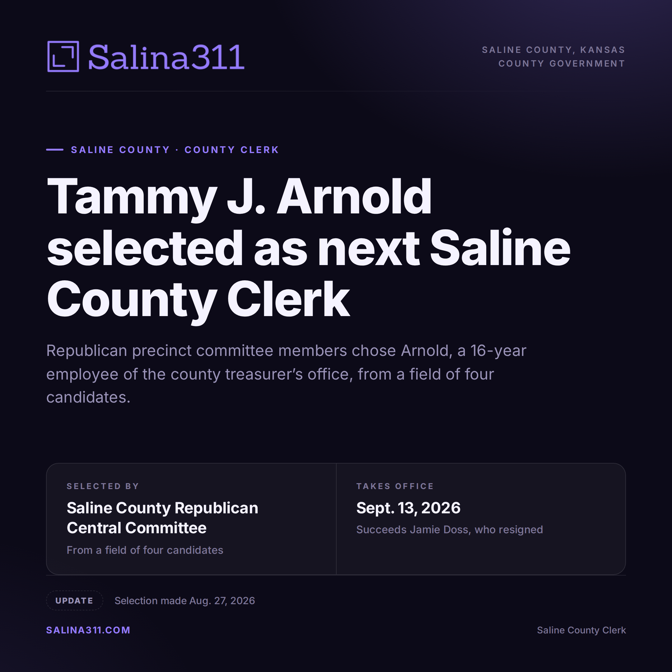 UPDATE: Tammy J. Arnold Selected as Next Saline County Clerk