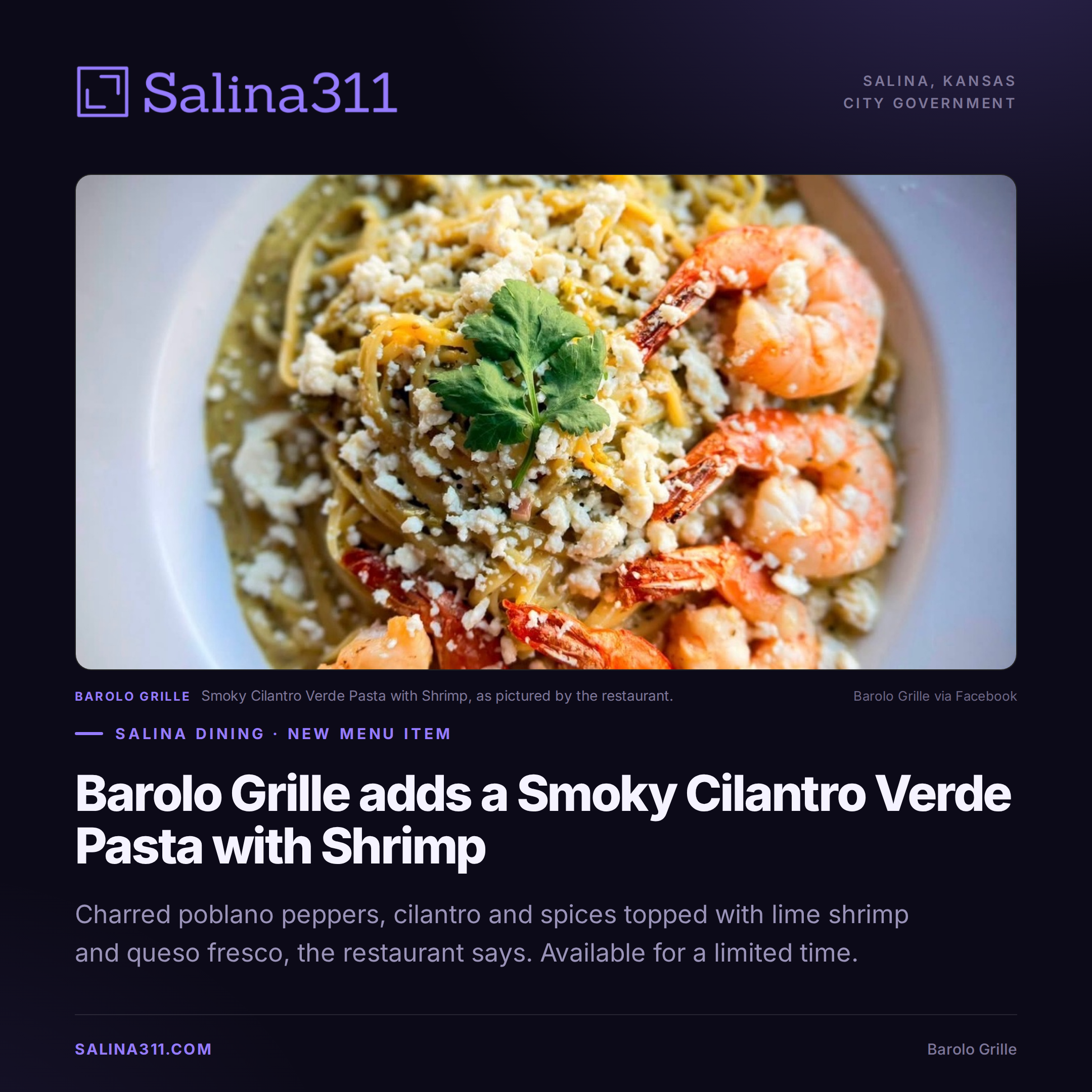 Barolo Grille Special: Smoky Cilantro Verde Pasta With Shrimp