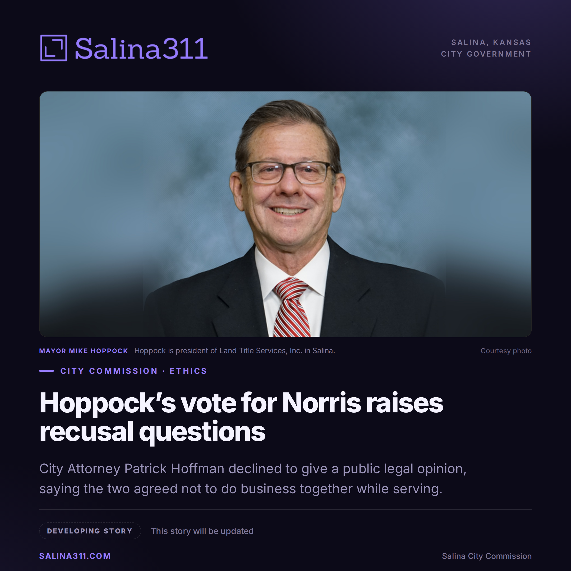 Hoppock’s Vote for Norris Raises Recusal Questions; City Attorney Responds
