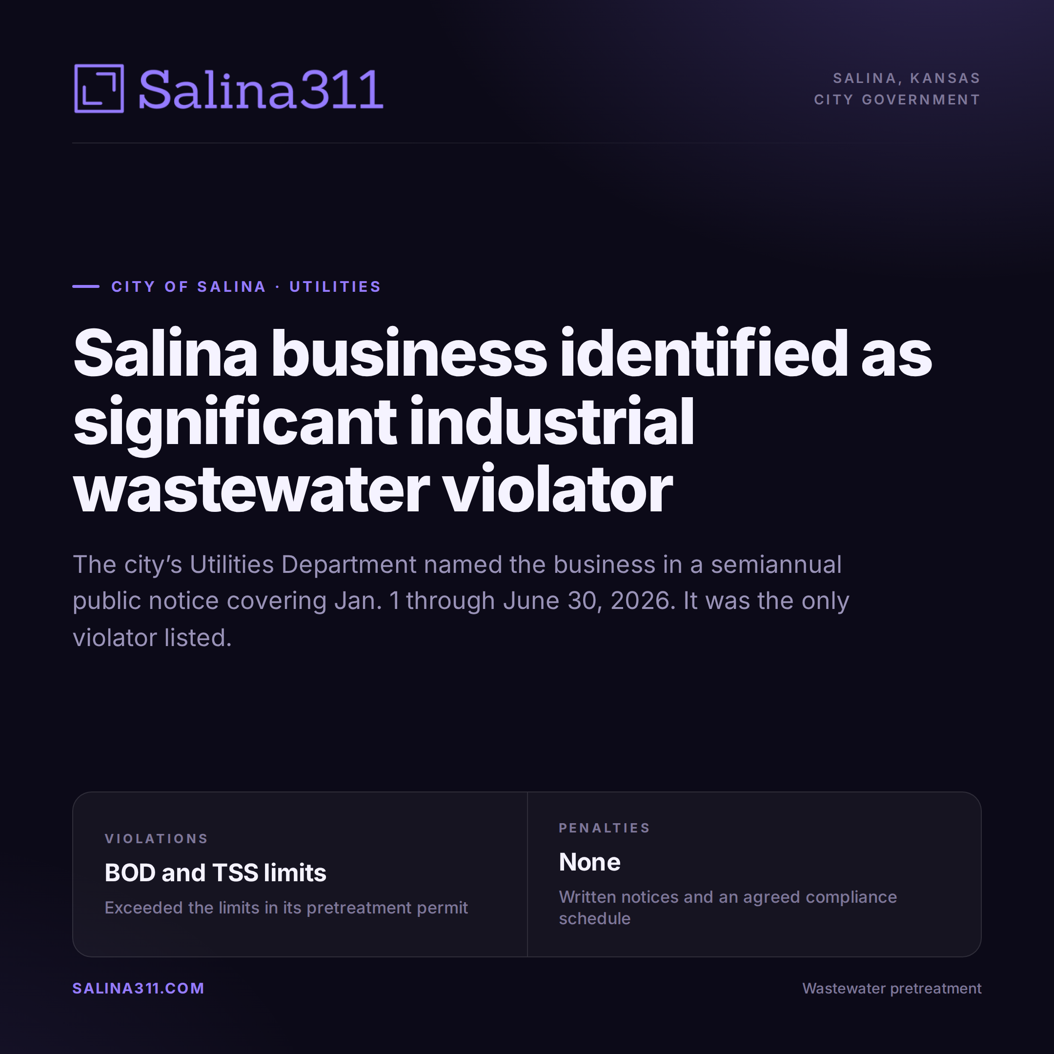 Salina Business Identified as Significant Industrial Wastewater Violator