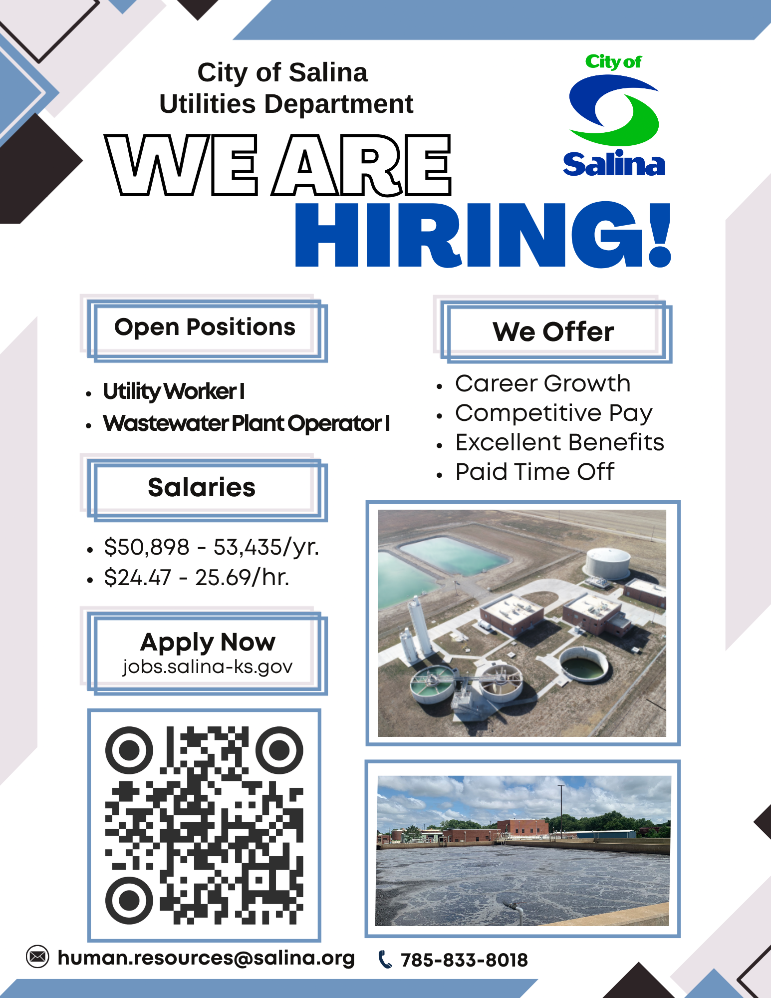 City of Salina Utilities Department Hiring Utility Worker I, Wastewater Plant Operator I